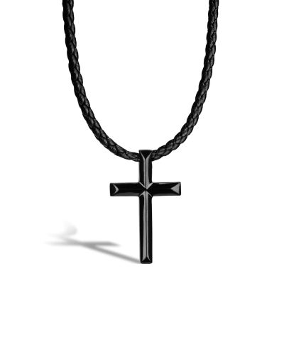 Leather Necklace with Pendant Cross Black Serasar
