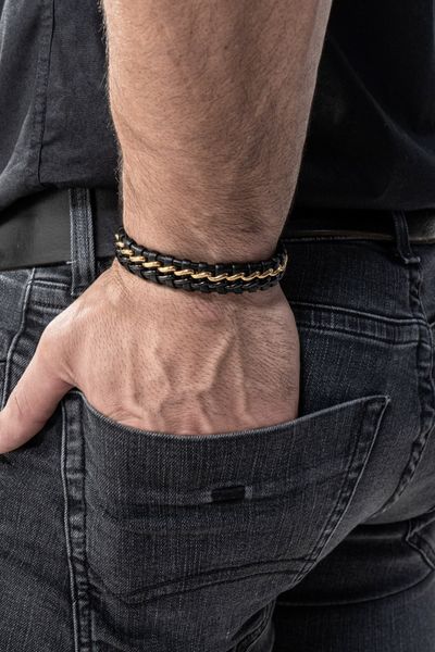 Leather Bracelet Stainless Steel Black Gold Serasar