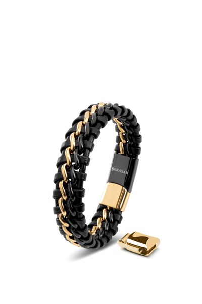 Leather Bracelet Stainless Steel Black Gold Serasar