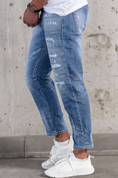 Jeans da uomo blu chiaro con strappi e rotture in tessuto stone washed