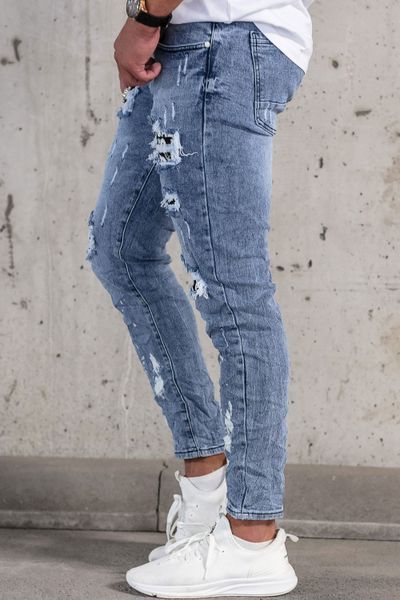 jeans streetwear da uomo blu con usura, lavaggio stone wash e broderie decorativa