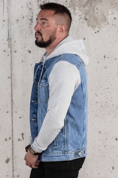 giacca in denim blu da uomo con maniche in felpa e felpa