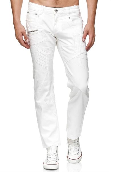 Jeans da uomo bianchi con broderie decorative
