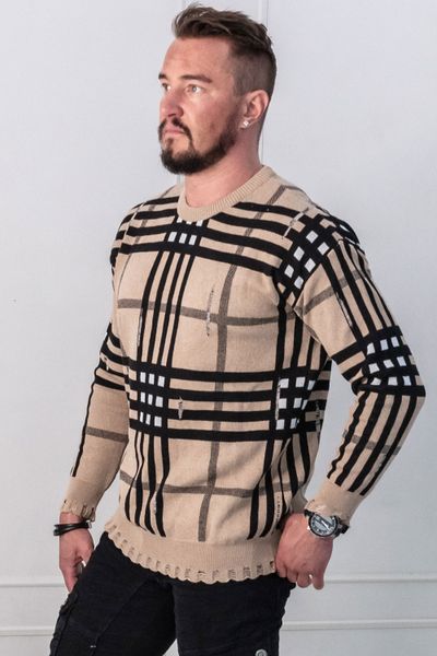 maglione da uomo a quadri marroni con superficie spezzata