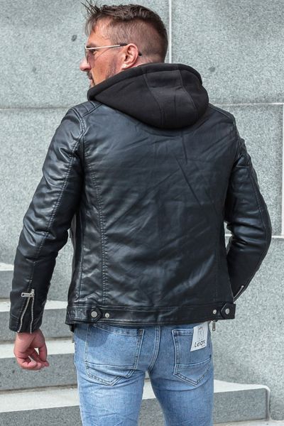 Giacca nera in ecopelle con cappuccio da uomo JERONE
