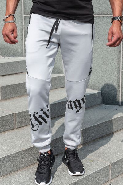 Pantaloni da college grigi con superficie liscia e stampa