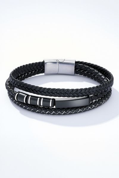 Bracciale intrecciato nero in pelle JERONE JEWELLERY