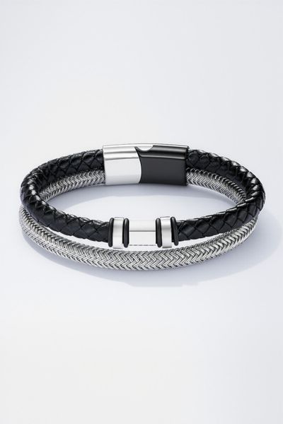 Bracciale intrecciato nero in pelle e acciaio JERONE JEWELLERY