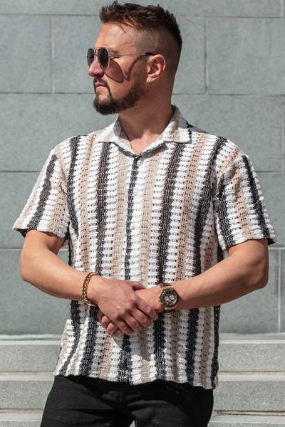 Camicia beige lavorata a maglia a maniche corte CARISMA