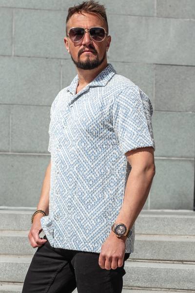 Camicia blu a maniche corte con superficie strutturata CARISMA