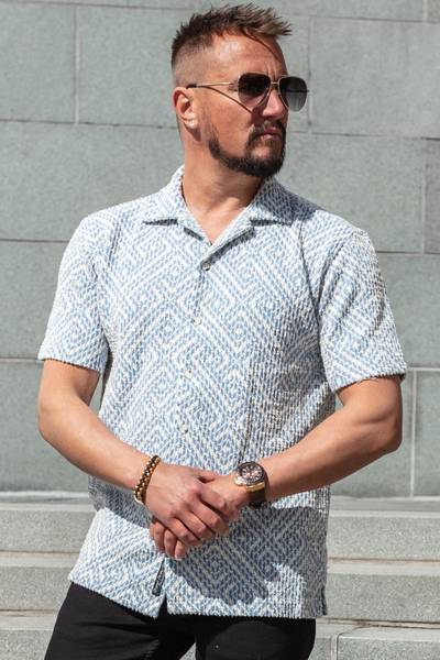 Camicia blu a maniche corte con superficie strutturata CARISMA