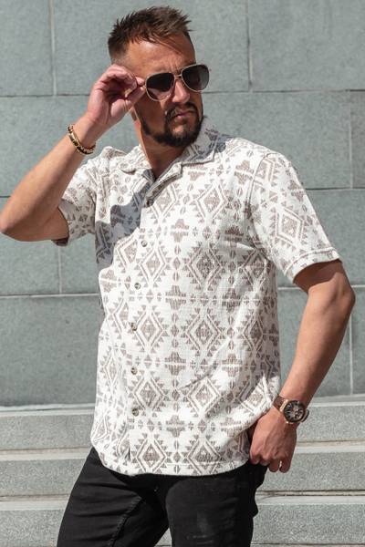Camicia beige a maniche corte con superficie strutturata CARISMA