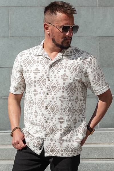 Camicia beige a maniche corte con superficie strutturata CARISMA